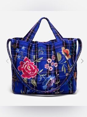 Johnny Was Mila Blue Plaid Embroidered Tote Bag